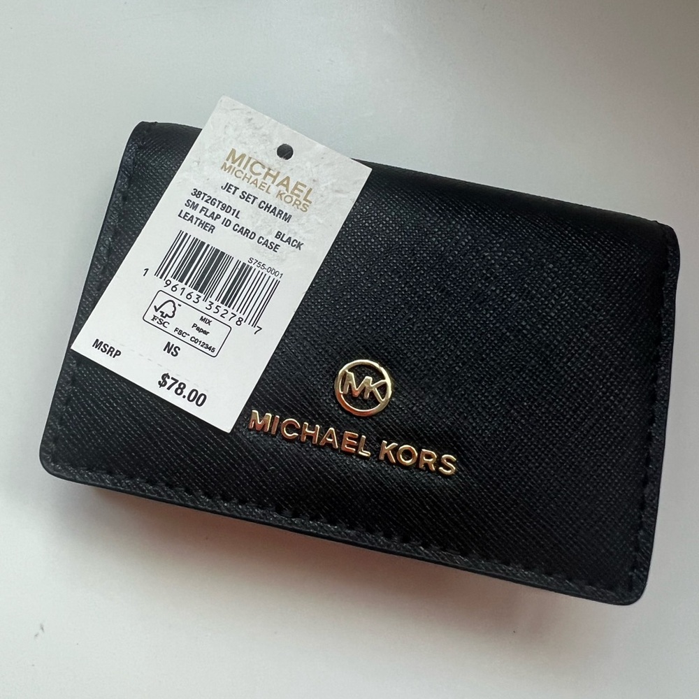 Michael Kors small flap jet set Black id Card Holder with Gold Logo